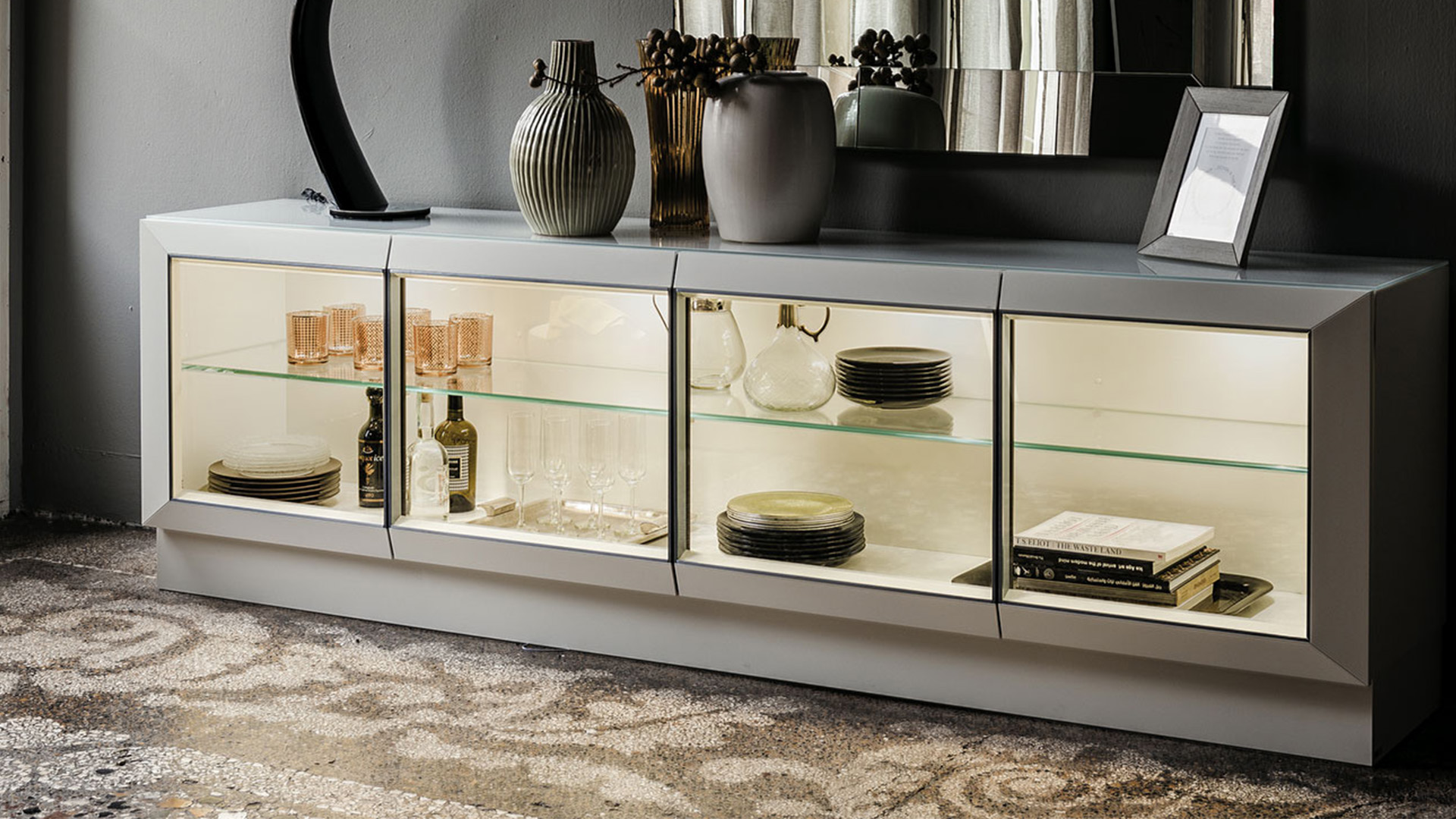 sideboard with clear glass doors